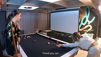 Two Beautiful Bisexual Girls Enjoy A Steamy Threesome On A Pool Table